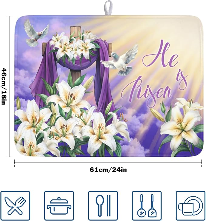 Easter Dish Drying Mat for Kitchen Counter He is Risen Cross Floral Purple Pattern Microfiber Dish Drainer Mat Rustic Absorbent Washable Drying Pad Extra Large 18"x24"