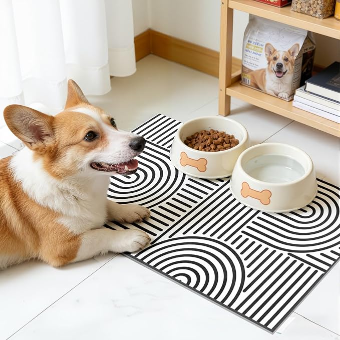 Findosom Dish Drying Mat, 12" x 20" Super Absorbent Dish Mat with Modern Geometric Striped, Hide Stain Drying Mat for Kitchen Counter, Under Dish Rack, Coffee Maker, Espresso Machine, Black & White