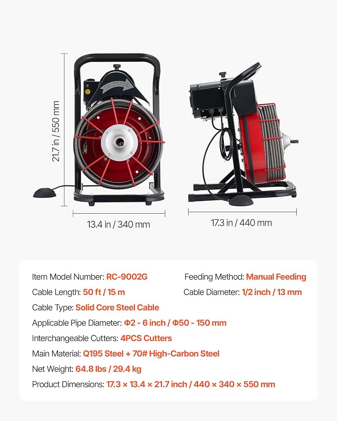 VEVOR 50FT x 1/2 Inch Drain Cleaning Machine, 250W Electric Drain Auger, Portable Sewer Snake Auger Cleaner with Cutters & Air-Activated Foot Switch for 1" to 4" Pipes, Black, Red