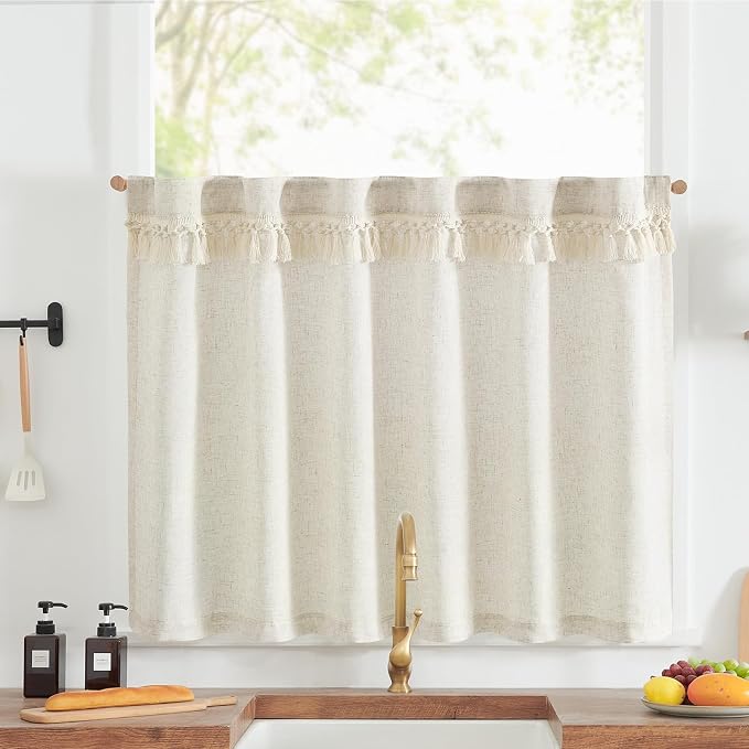 jinchan Tassel Linen Tier Curtain, Back Tab, 50x36, 1 Panel, Natural | Light filtering, rod pocket, cafe curtains, machine washable, small window treatment, boho style, kitchen, laundry room