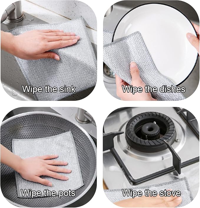Stainless Steel Wire Scrubber Sponges, 10 Pack Non-Scratch Heavy Duty Cleaning Cloths, Multi-Purpose Metal Mesh Dish Rags for Kitchen, Dishes, Pots, Pans, Sink, 7.87 x 7.87 Inch (10)