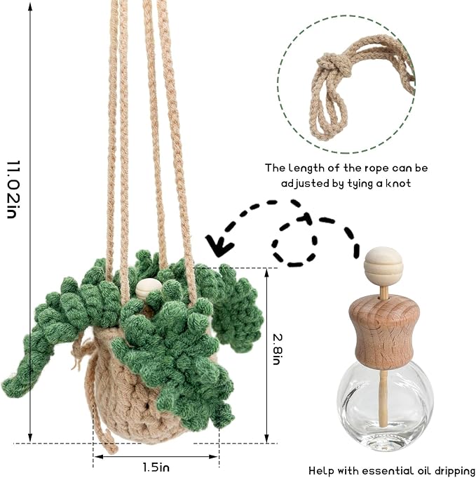 2 PCS Crochet Car Air Freshener, 12ml Empty Car Diffuser Bottle with Crochet Hanging Plant Basket, Hanging Fragrance Oil Diffuser for Car Interior Decor, Car Accessories
