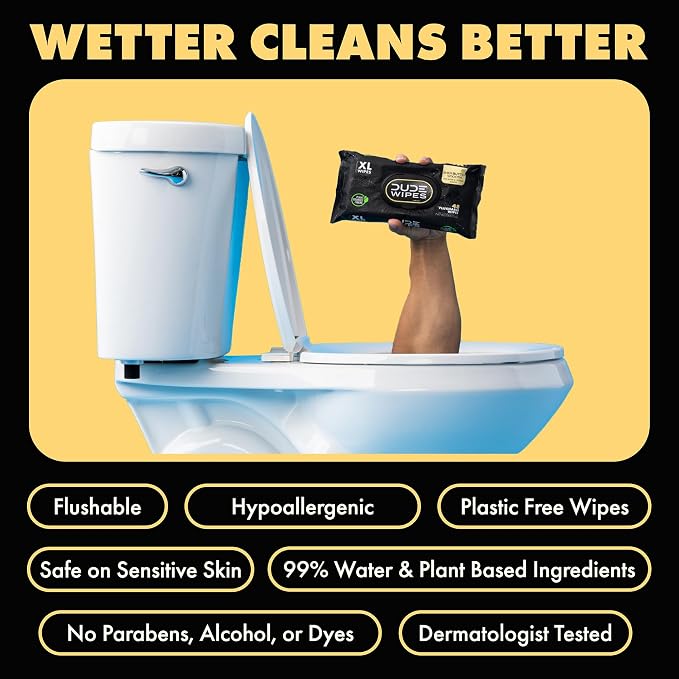 DUDE Wipes Shea BUTTer Adult Flushable Wet Wipes, Moisturizing, 144 Count | 3 packs of 48 extra large flushable butt wipes. Plastic-free wipes, 99% water, coconut oil, vitamin E and aloe. Septic safe.