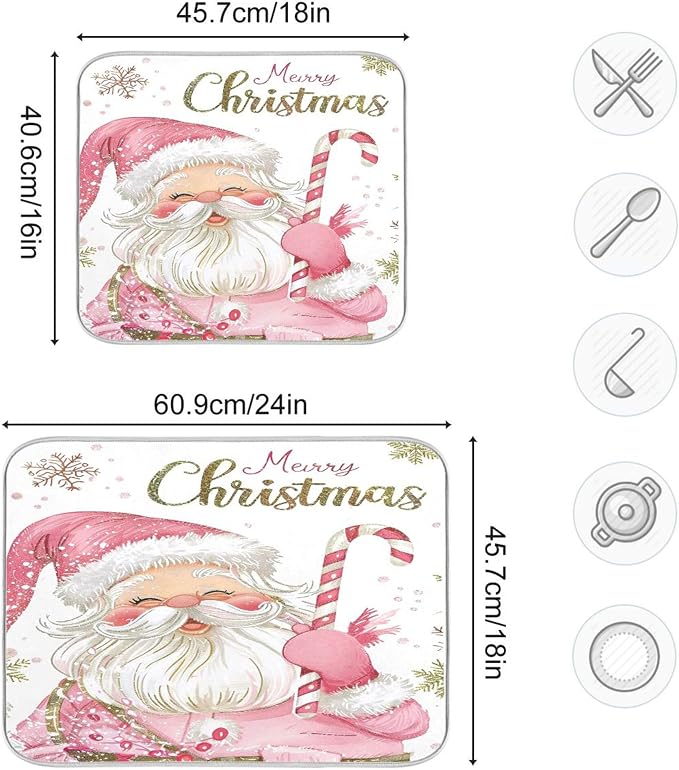 Christmas Santa Claus Pink Dish Drying Mat for Kitchen Countertop 18x24 Xmas Candy Cane Snowflake Large Drying Mat Reusable Quick Dry Dish Sink Mats Easy Clean Decorative Essentials