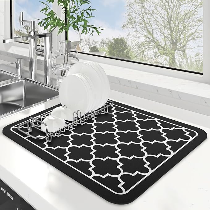 WISELIFE Dish Drying Mat Super Absorbent Drying Mat Large Dish Drying Mats for Kitchen Counter Easy Clean Dish Mat Kitchen Drying Mat15"x 18" Stylish Black