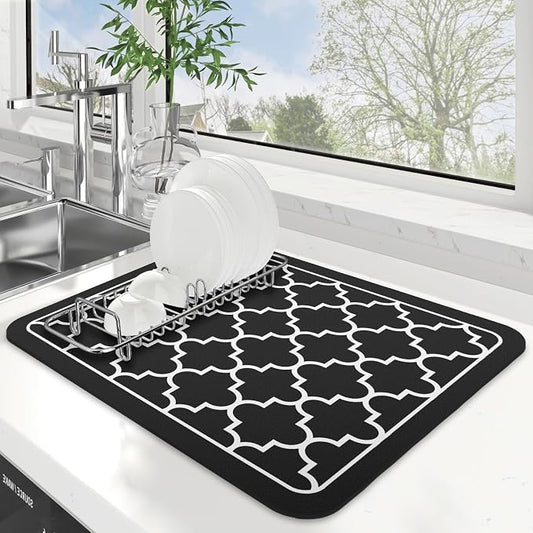 WISELIFE Dish Drying Mat Super Absorbent Drying Mat Large Dish Drying Mats for Kitchen Counter Easy Clean Dish Mat Kitchen Drying Mat15"x 18" Stylish Black