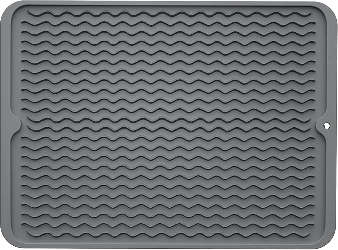 ZLR Silicone Dish Drying Mat for Kitchen Counter, Eco-Friendly Fast Dry Dish Mat, Easy Clean Multi Usage Drying Matt, Heat Resistant Trivet, 12" x 16" Large, Dark Gray