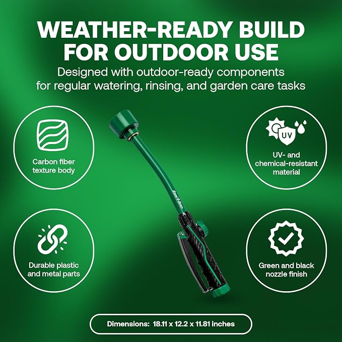 Rain Bird TRNZLWAND16 Watering Wand Garden Hose Nozzle, 16 Inch - Front Trigger Shower Spray Pattern with Flow Control Knob, Trigger Lock, Non-Slip Ergonomic Grip, 3/4 Inch GHT - Green and Black