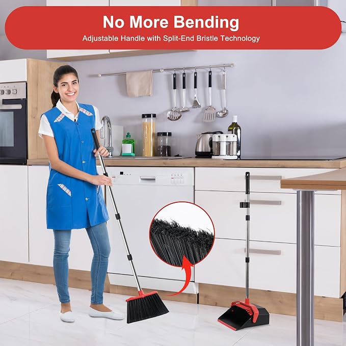Large Upright Broom and Dustpan, Heavy Duty Dust Pan with 51" Long Handle for Indoor Outdoor Garage Kitchen Room (Black and Red)