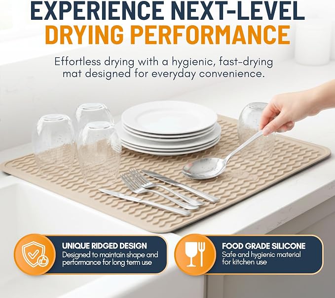 Silicone Dish Drying Mat for Kitchen Counter - Multi-Use 16 x 12 Inch Pad, Non-Slip & Heat-Resistant, Perfect Dish Drainer Mat by Linda’s Essentials, Ideal Kitchen Accessory (Beige)