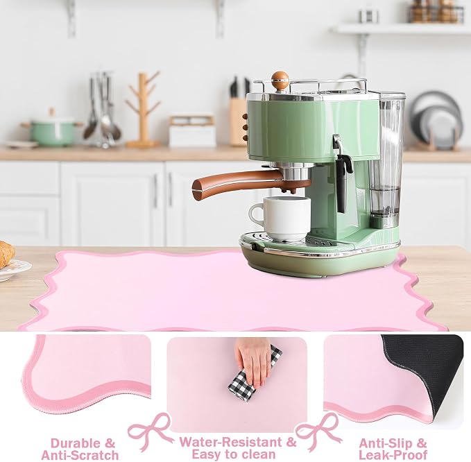 Nuanchu Pink Scalloped Coffee Mat 12" x 19" Coffee Bar Accessories Cute Dish Drying Mat for Kitchen Counter Aesthetic Waterproof Coquette Drainer Pad