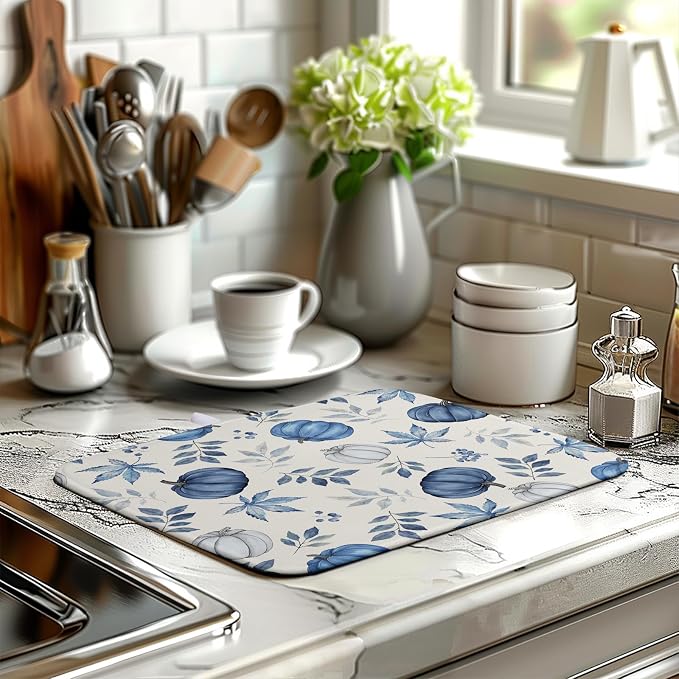 Fall Dish Drying Mat Blue Pumpkin Maple Leaves Drying Mats for Kitchen Counter 16x18 Inch Autumn Thanksgiving Absorbent Microfiber Dish Draining Mat Dishes Pad with Hanging Loop