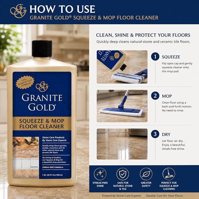 Granite Gold Squeeze and Mop Floor Cleaner For Granite, Marble, And Other Natural Stone Or Ceramic Tile Surfaces, 32 Fl Oz