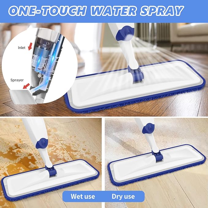 HOMTOYOU Microfiber Flat Mop with Sprayer: Spray Mop with 4 Washable Pads | Cleaning Multi-Surface Floors, 1Pcs 400+ML Refillable Bottle, Wet Dry Use, 360° Swivel Head, White