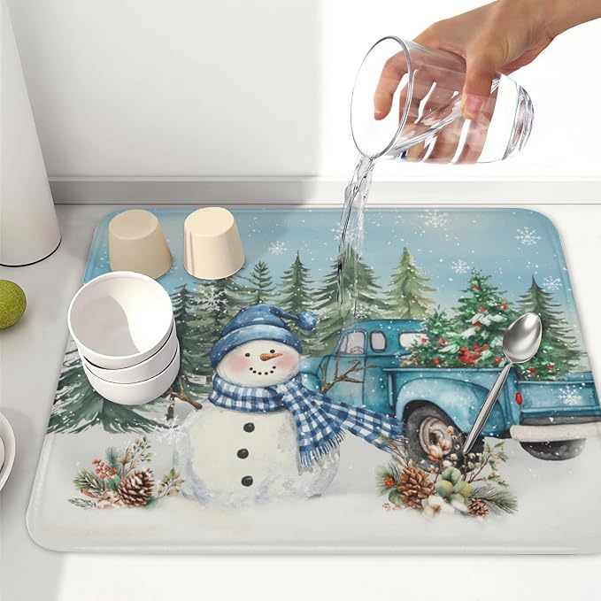Giwawa Winter Snowman Blue Dish Drying Mat Xmas Truck Dishes Pad 16"x18" Microfiber Absorbent Drainer Rack Mats Protector for Kitchen Counter Sink