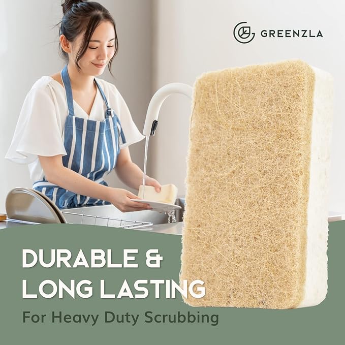 GREENZLA 12 Pack Kitchen Sponges | Non-Scratch Hemp & Sisal | Dual-sided: scrubbing + absorbent cellulose | Odor-resistant | Biodegradable | Dishes, sinks & bathtubs