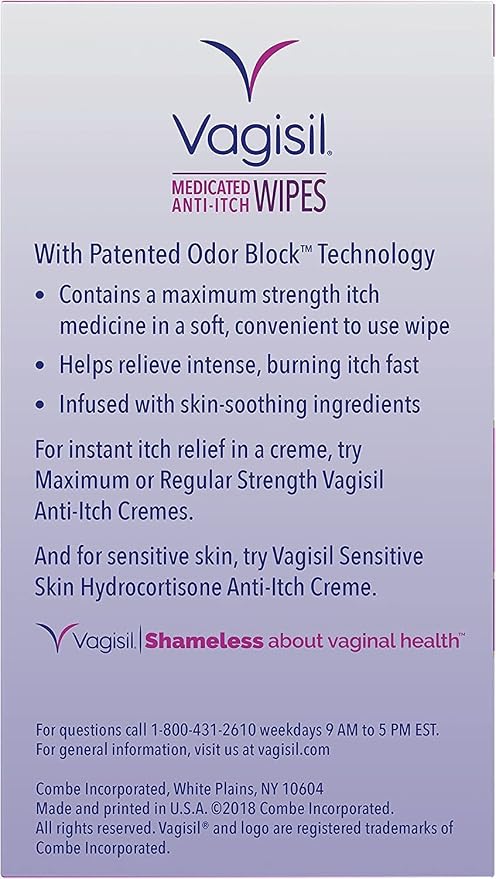 Vagisil Wipes, Anti-Itch Medicated Feminine Vaginal Wipes, Maximum Strength, Instant Relief, 20 Wipes (Pack of 1)