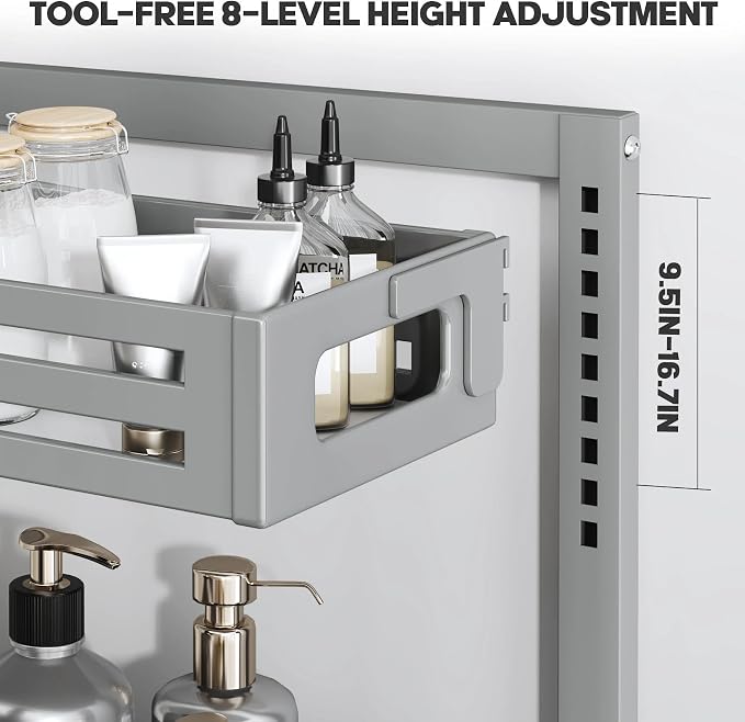 2 Pack 19IN-Depth Under Sink Organizer,Pull Out Cabinet Organizer With Smooth Cylindrical Rail,Metal Slide Out Drawer for Kitchen Bathroom Laundry,8-Level Tool Free Height Adjustable-Gun Gray