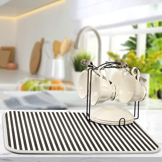 Black White Stripes Dish Drying Mat for Kitchen, Absorbent Microfiber Drying Pad Dish Mat, 16" X 18"