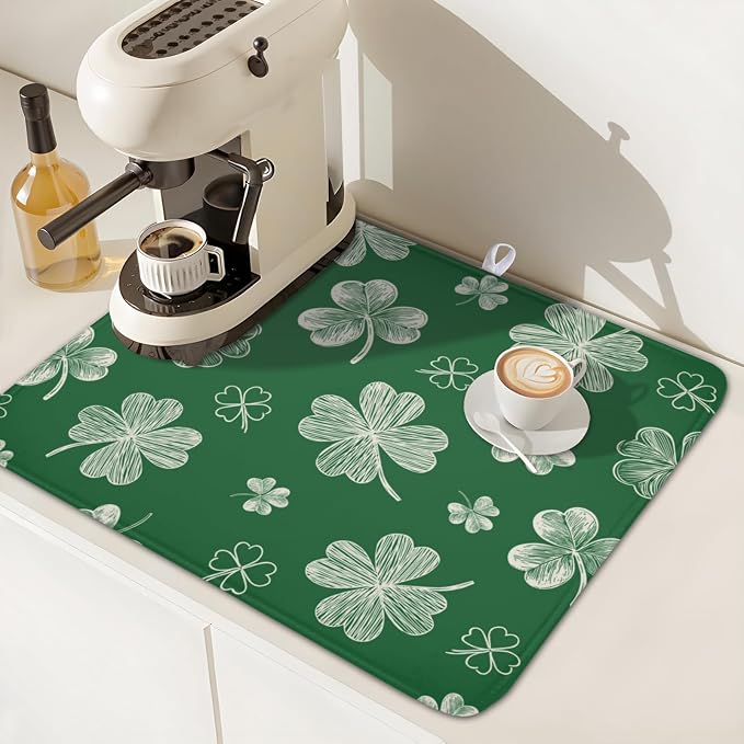 St Patrick's Day Dish Drying Mat 16 x 18 Inch Green Shamrock Dish Drainer Rack Mat Absorbent Microfiber Mats for Spring Lucky Clovers Dish Pad for Kitchen Coffee Bar Decor