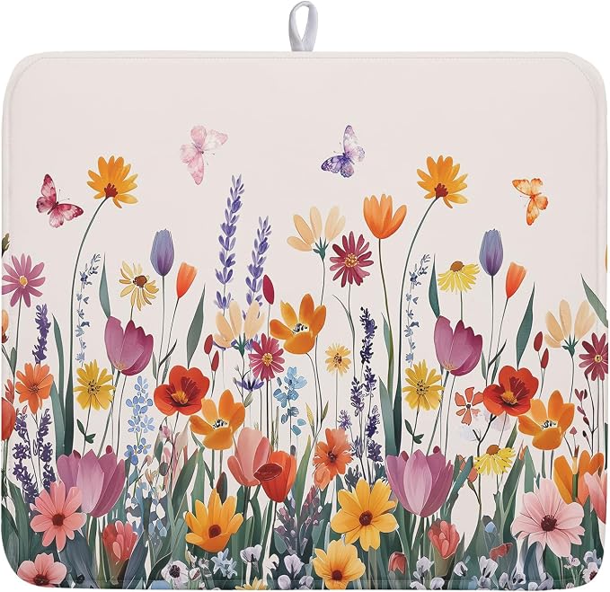 Kawani Spring Summer Flowers Dish Drying Mat for Kitchen Counter 16"x18" Colorful Floral Drying Mat Soft Absorbent Microfiber Farmhouse Fluttering Butterfly Dish Drainer Rack Mats for Counter tops
