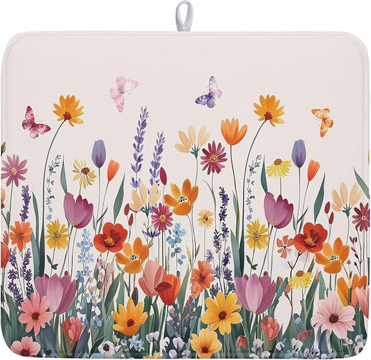 Kawani Spring Summer Flowers Dish Drying Mat for Kitchen Counter 16"x18" Colorful Floral Drying Mat Soft Absorbent Microfiber Farmhouse Fluttering Butterfly Dish Drainer Rack Mats for Counter tops