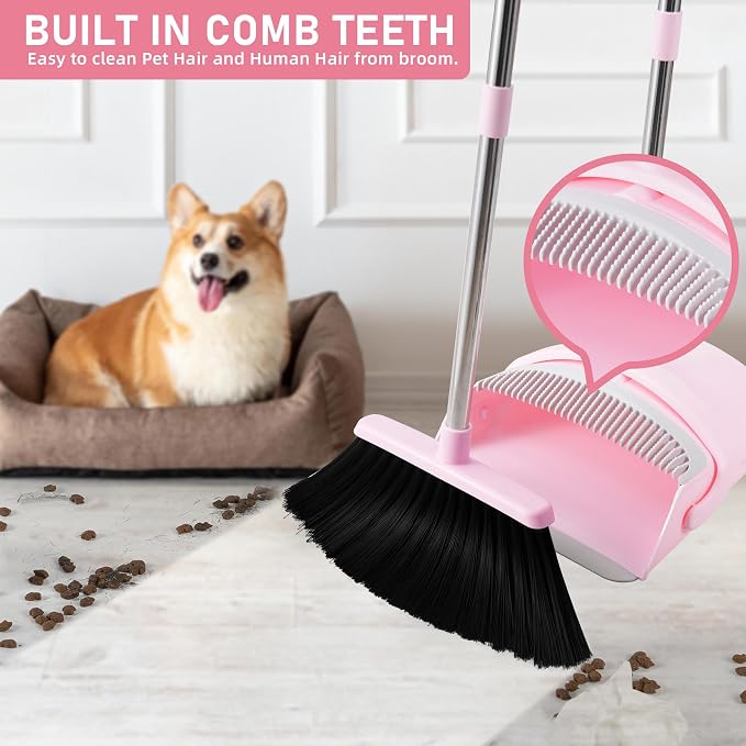 BSKLIN Broom and Dustpan Set for Home, 52” Long Handle Broom with Dustpan Combo Set with Dust Pan Teeth to Clean Hair Sweeping Set for Kitchen Hardwood Floors Pet Hair (Pink)