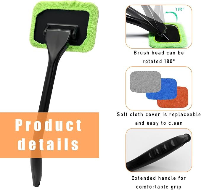 Ohleats Car Windshield Cleaning Tool, Microfiber Window Cleaner with 4 Washable and Reusable Cloth Pad & Long Handle, Auto Glass Wiper Cleaning Kit with Spray Bottle, Car Accessories