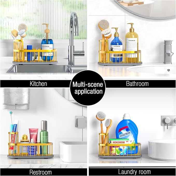 Sponge Holder for Kitchen Sink with High Brush Holder, [Stay-Dry Anywhere & No Drainage Needed] Rustproof Stainless Steel Kitchen Sink Caddy Organizer with Water Absorbing Stone Tray, Gold