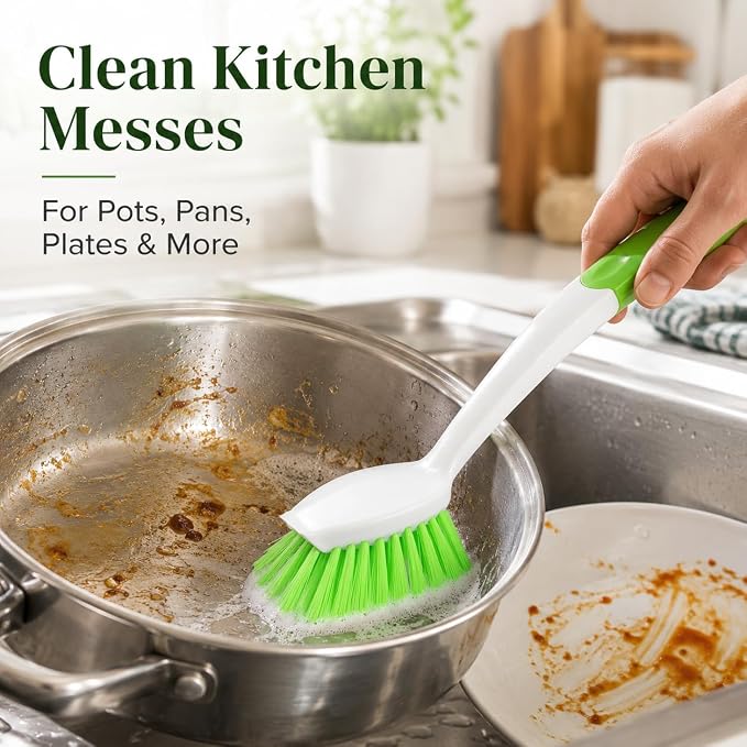 2-Pack Kitchen Green Scrub Brush for Cleaning Dishes Pots Pan Sink and Bathroom with Comfortable Long Handle
