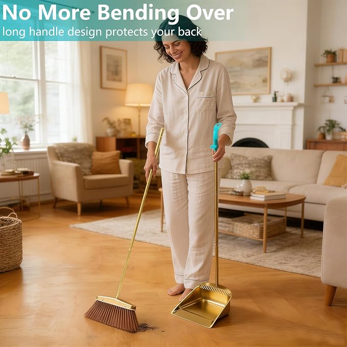 Broom and Dustpan Set Heavy Duty, Gold Stainless Steel Broom with Dustpan Combo Set, Long Handle Upright Metal Dust Pan with Comb Teeth for Pet Hair, Home, Kitchen and Office (Golden Teeth)