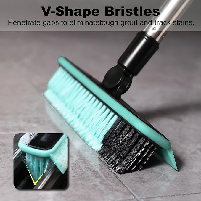 Grout Cleaner Brush with Long Handle, V-Shaped Floor Scrub Brush Swivel Grout Brush Stiff Bristle Floor Grout Scrubber for Bathroom, Tile Line, Crevice, Kitchen, Wall, Deck, Garage (Green)