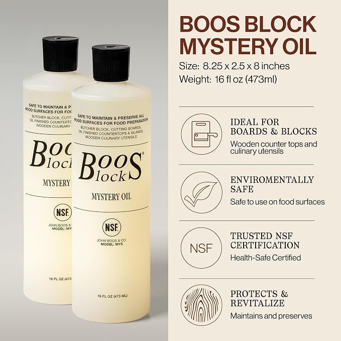 John Boos 3-Piece Care Set, 2-Pack 16 oz Mystery Oil & Round Beechwood Applicator - All-Natural Maintenance Formula for Butcher Blocks, Wooden Countertops & Wood Utensils