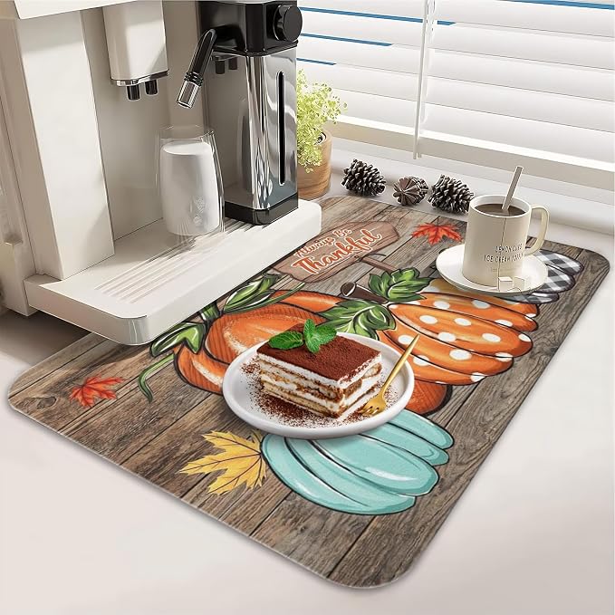 Fall Dish Drying Mat 2-Pack in Pumpkin for Kitchen Counter Dishes Mat | Diatom Mud Mats (18x24, 19.5x12"). Non-slip rubber back for kitchen counter, coffee bar & sink scenes