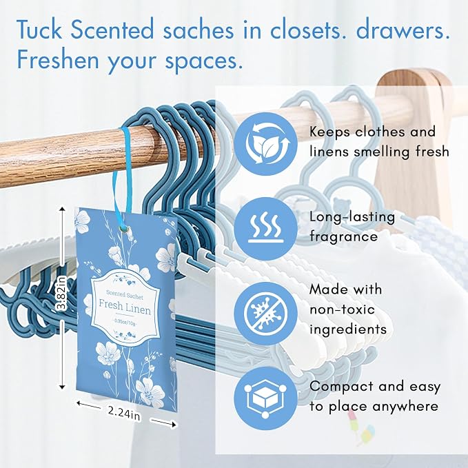 SCENTORINI Scented Sachets for Drawer and Closet, Fresh Linen Scent 14 Pack | Sachets Bags Gift Set, Closet Freshener Sachet for Wardrobe Freshener, Cupboard, Luggage, Handbag, Suitcases,Gym Bag, Locker