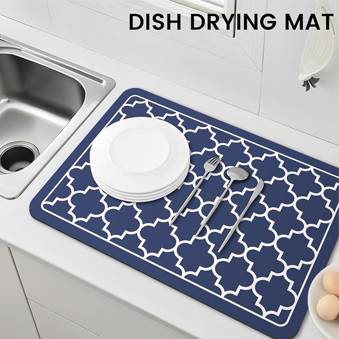 WISELIFE Dish Drying Mat Super Absorbent Drying Mat Large Dish Drying Mats for Kitchen Counter Easy Clean Dish Mat Kitchen Drying Mat16"x 24" Stylish Blue