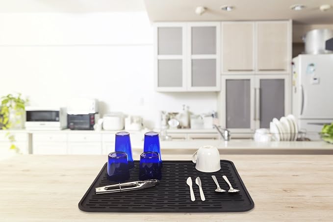 XXL Silicone Dish Drying Mat for Kitchen Counter or Under Sink, 24" x 18" Extra Large, Waterproof Pet Feeding Mat, Dog Food, Water Bowls, Under Drying Racks for Dishes, Coffee Bars, Bar Mats (Black)