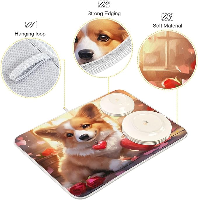 Dish Drying Mat Kitchen Counter Absorbent Valentine Corgi Coffee Sink Mat Dish Drainer Pad 18 Inch x 24 Inch