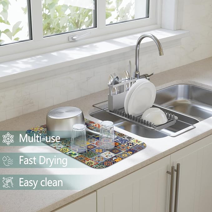 Dish Drying Mat 2-Pack with Talavera for Kitchen Counter Absorbent Dishes | Diatom Mud Mats (18x24, 19.5x12"). Non-slip rubber back for kitchen counter, coffee bar & sink scenes