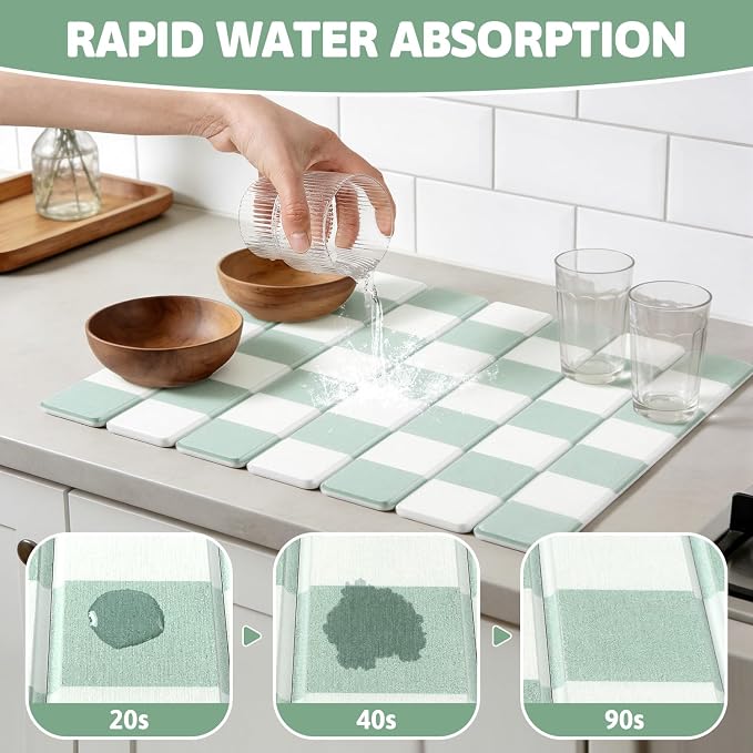 Yamaziot Stone Drying Mat for Kitchen Counter, 16"x12" Foldable Ultra Absorbent Stone Drying Mat, Quick-Dry Diatomaceous Earth Mat, Non-Slip Heat Resistant Mat for Dishes, Cups, Bottles, Green