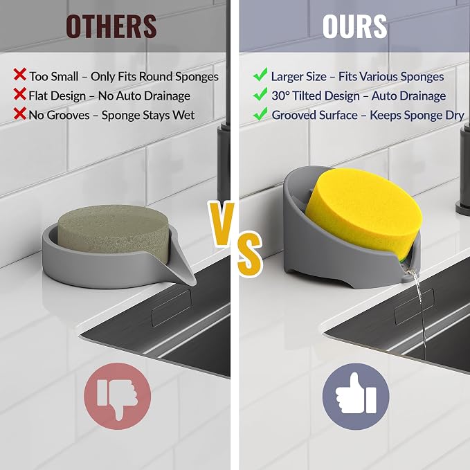NiHome Silicone Sponge Holder for Kitchen Sink, Fits Scrub Daddy Mommy | Self-Draining Dispenser Organizer Tray, Sink Caddy Countertop Fits Soaps, Scrubber, Dishwasher Safe, Includes Brush,Dark Gray