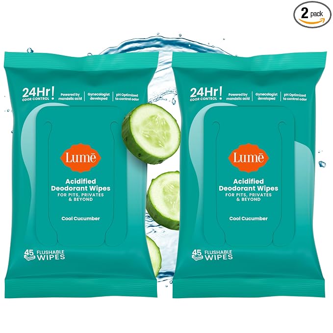 Lume Acidified Deodorant Wipes - 24 Hour Odor Control - Aluminum Free, Baking Soda Free, Skin Loving - 45 Count (Pack of 2) (Cool Cucumber)
