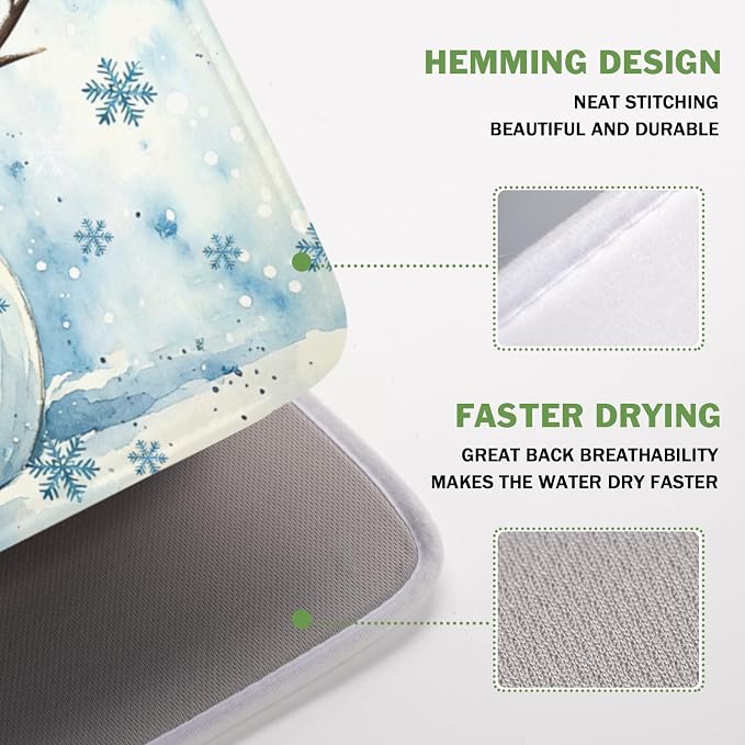 Winter Snowman Dish Drying Mat for Kitchen Counter 16x18 Inch | Blue Christmas Snowflake Snow Scene Dish Drainer Mat Rustic Seasonal Holiday Absorbent Washable Drying Pad