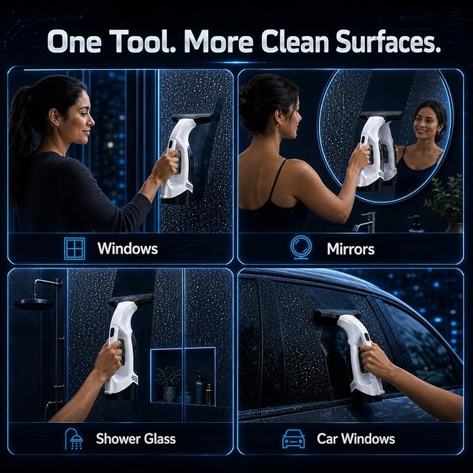 Window Vacuum Squeegee with Long Handle, Cordless Window Vacuum Cleaner, Electric Window Cleaner and Shower Glass Cleaner for Mirrors, High Windows, Tiles, Car Windows, 3000Pa, Type-C