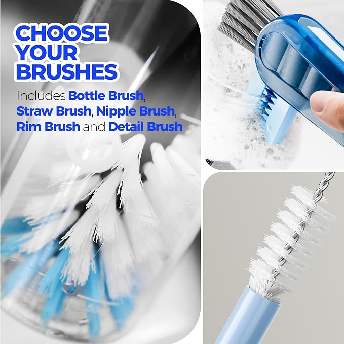 Holikme 6 Pack Bottle Brush Set, 14" Long Handle Stainless Steel Bottle Cleaner Brush, 3 Straw Brushes, 4-in-1 Bottle Cleaning Brush for Water Bottle, Baby Bottle, Blue&White