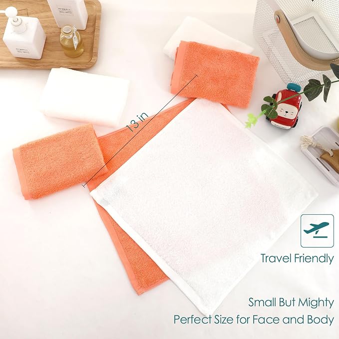 Wash Cloths 12 Pack,Face Towel for Sensitive Skin,13''x13'',White+Orange | 100% Viscose,Women Makeup Removal,Extra Soft,Gently Wash Face & Body,Fast Dry,Hanging Loop,Face Cleansing,Bathroom,Travel Use