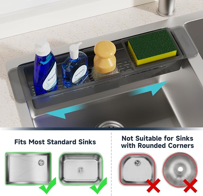 NiHome Extendable Sink Caddy, Small Telescopic Kitchen Brush Holder | Adjustable Sink Organizer for Brushes/Sponge with Fast Drainage, Durable ABS, Non-Slip Pads, Expandable (Translucent Gray)