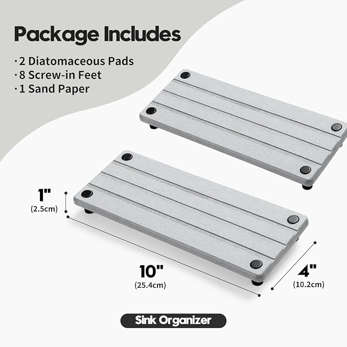 Razborci 2 Pack Fast Drying Water Absorbing Diatomite Stone Mat Tray for Kitchen & Bathroom Counter - Instant Dry Sink Caddy Organizer - Vanity Holder for Soap, Sponge – Light Gray 10" x 4"