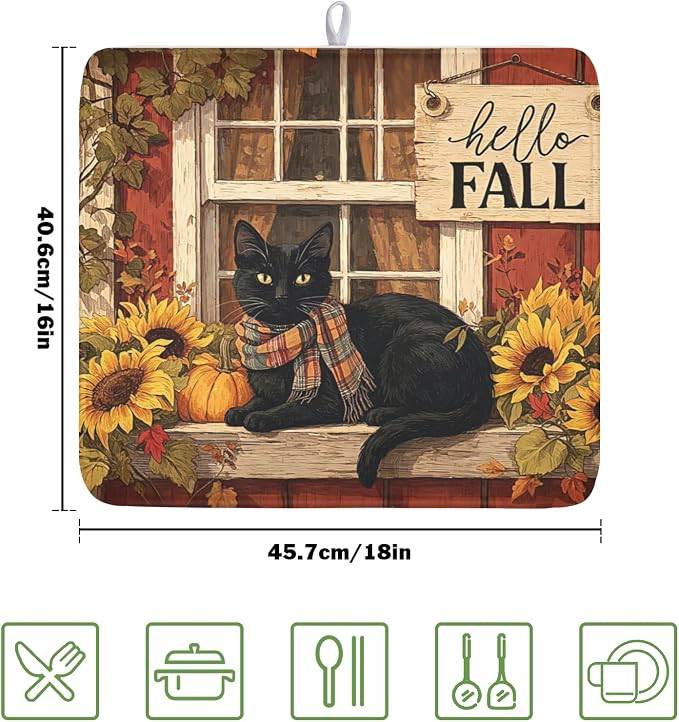 Fall Dish Drying Mat for Kitchen Counter Vintage Autumn Cat Sunflower Pumpkin Microfiber Dish Drainer Mat Rustic Farmhouse Absorbent Washable Drying Pad Extra Large 16"x18"