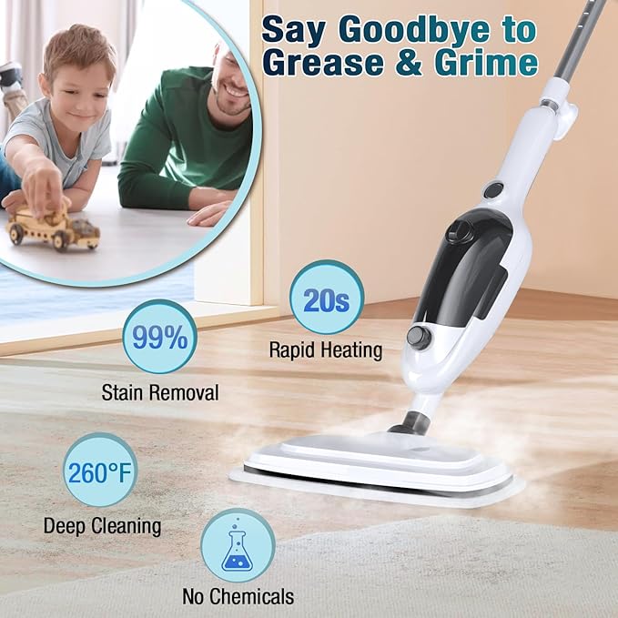 11-in-1 Steam Mop, MultiPurpose Steam Cleaner for Home with 15.2 OZ Tank | Detachable Steamer with 23FT Power Cord & 11 Accessories for Hardwood, Tile, Furniture, Floor Cleaning and Household Tasks